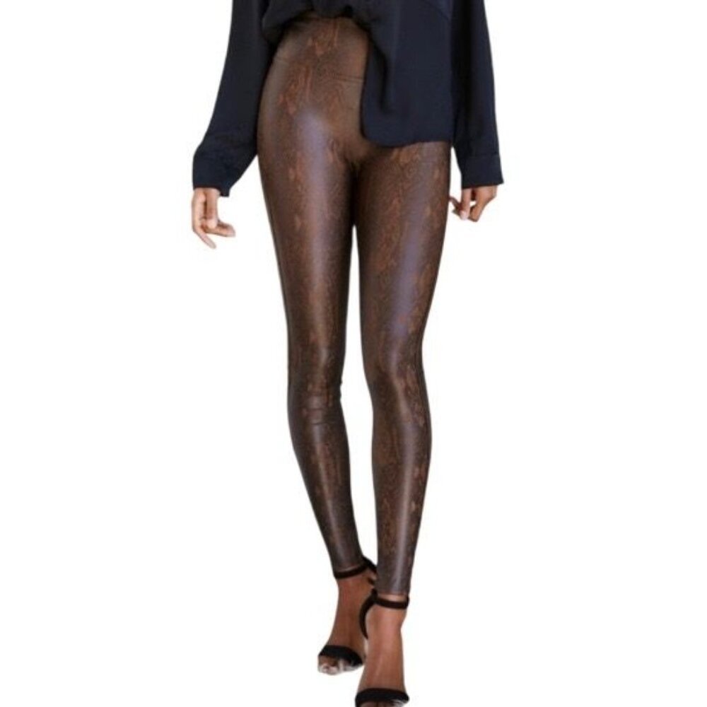 Spanx  Womens Faux Leather Snake Print Leggings Size Small Brown